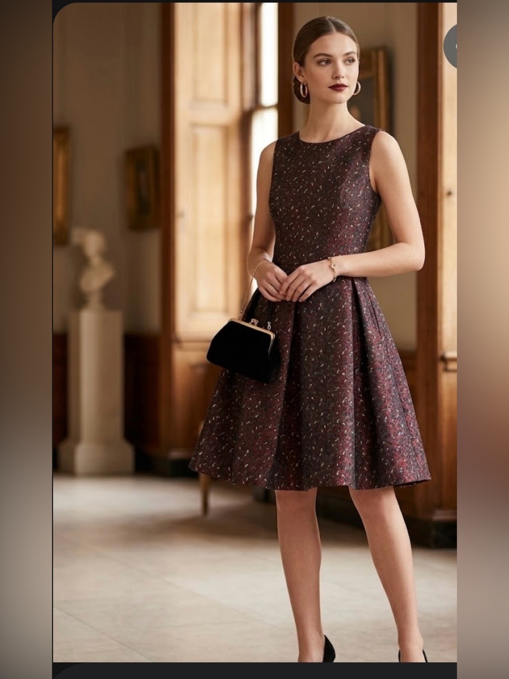 Taylor Black and Burgundy Textured A-Line Dress